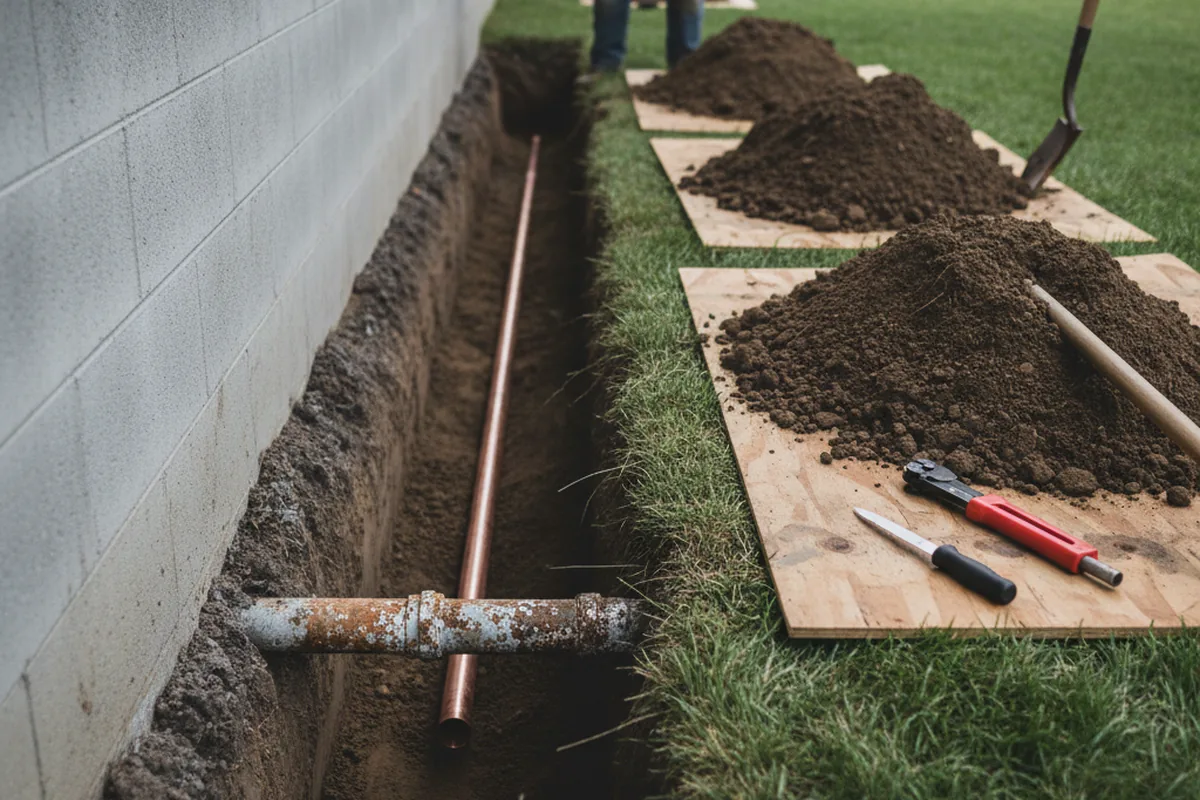 Excavated water line trench during Sewer Line Repair in Monetta